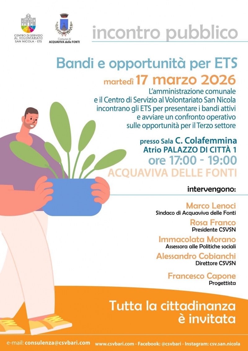 Bandi e opportunit� per il Terzo Settore: incontro pubblico ad Acquaviva delle Fonti 