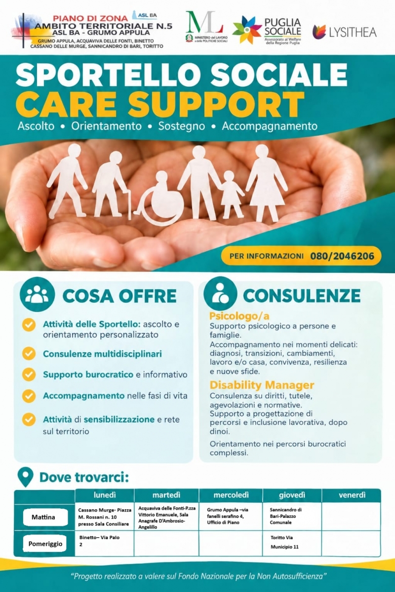 Avvio sportello sociale Care Support dal 12 ottobre 2026